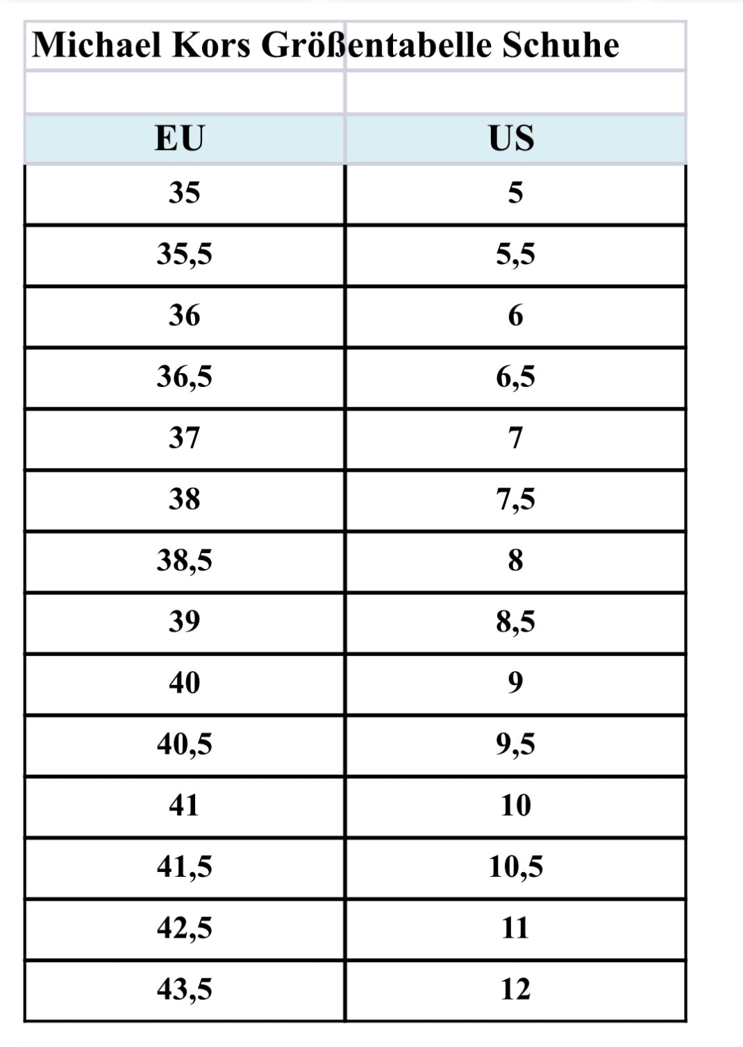 GRÖẞENTABELLE Michael Kors Damen Schuhe