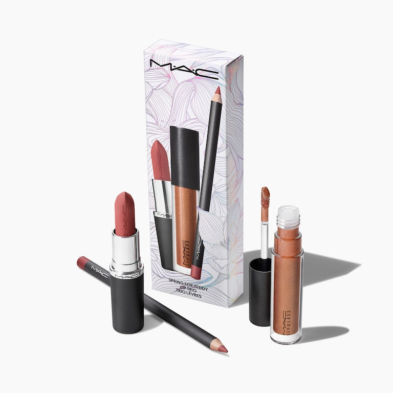 MAC Lippentrio (Nude Lippenstift, Lipliner, Lipgloss) „Spring für Teddy“